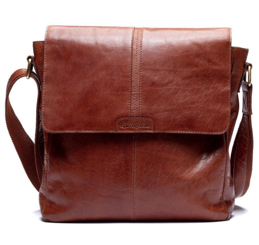 Springfield Stor Crossover Skulderveske I Skinn Med Klaff Cognac