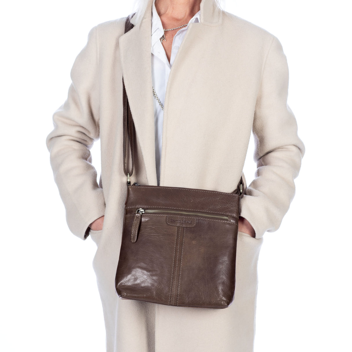 Springfield Mellomstor Crossover Veske I Skinn Med Glidelås Brun